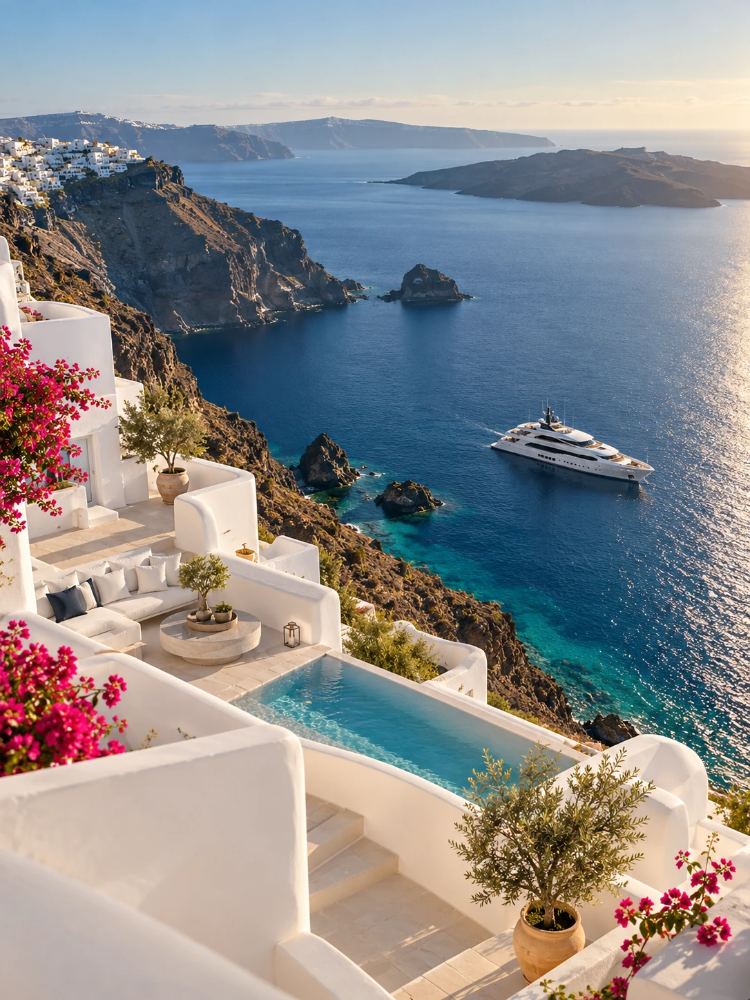 Blue Aegean Sea seen from a whitewashed Greek island
