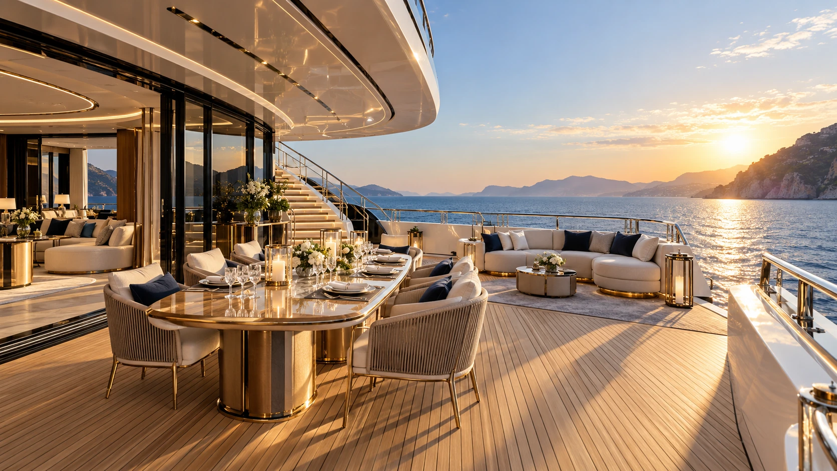 Illustrative alfresco dining and lounge on a yacht's teak deck