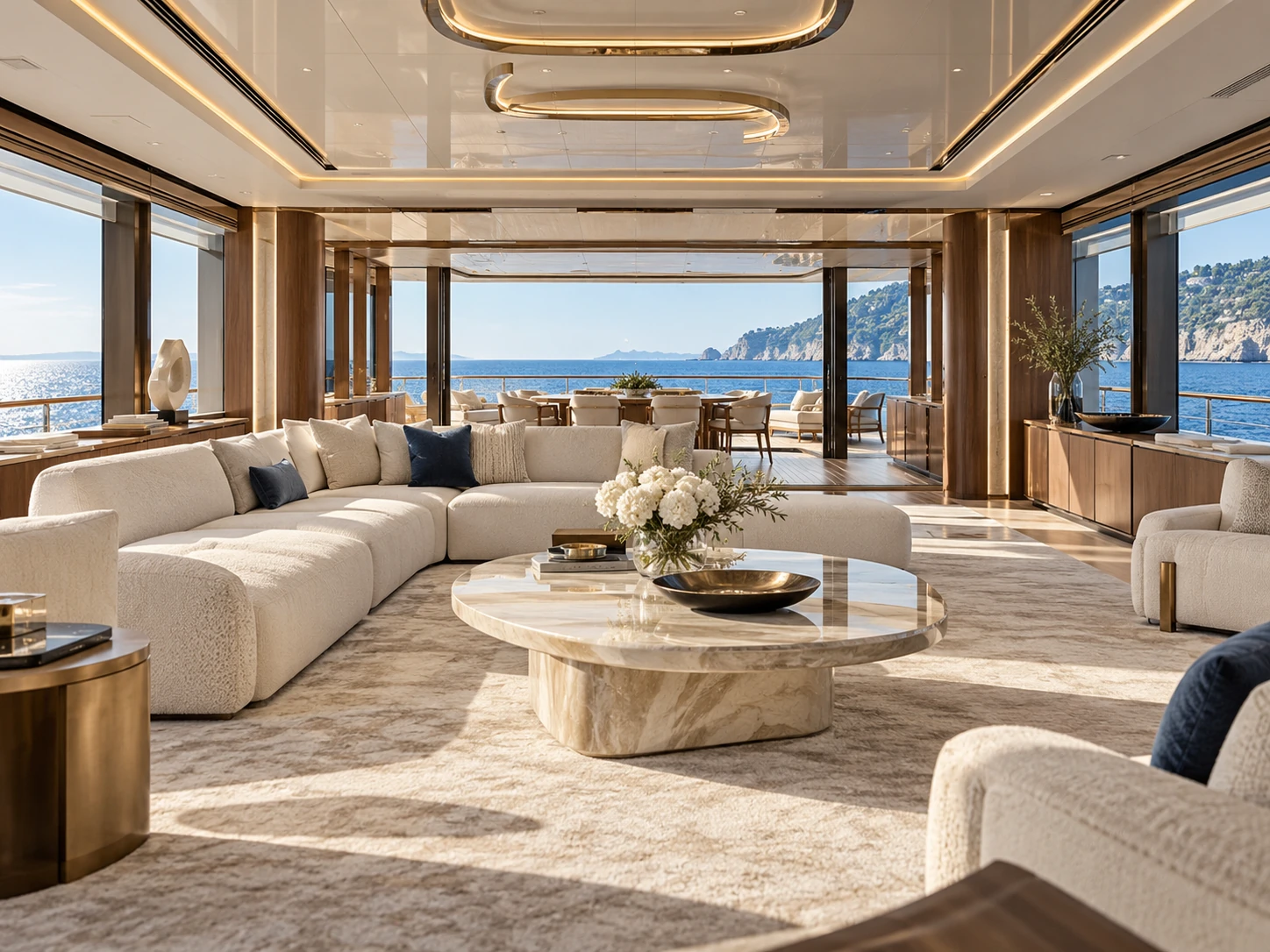 Illustrative bright yacht salon with panoramic views