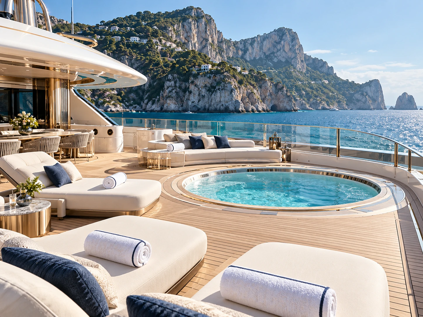 Illustrative sun deck with white cushions overlooking the sea